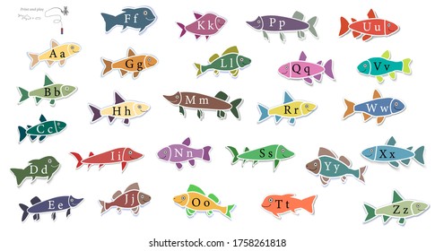 English alphabet. Simple game. Print and play. Education. Letters. Fishing. Learning alphabet game. Isolated fishes. Vector stock illustration. Different types of fish.