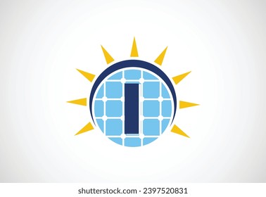 English alphabet I with solar panel and sun sign. Sun solar energy logo vector illustration