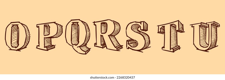 English alphabet in the style of three-dimensional letters with strokes. Voluminous handwritten text. Characters in the style of doodle drawing. Children's font. School style. Large letters