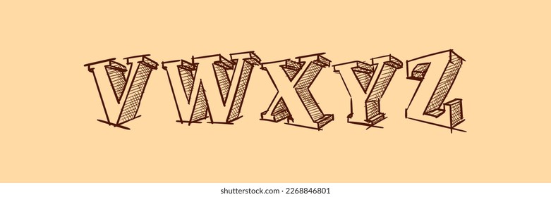 English alphabet in the style of three-dimensional letters with strokes. Voluminous handwritten text. Characters in the style of doodle drawing. Children's font. School style. Large letters