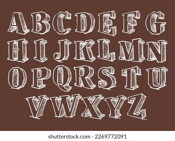 English alphabet in the style of three-dimensional letters with strokes. Voluminous handwritten text. Characters in the style of doodle drawing. Children's font. School style. Large letters