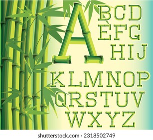 The English alphabet, stylized as bamboo branches, is set against a background with bamboo stems. Color monochrome illustration. Template for poster, menu or advertisement. Element for design.