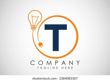 English alphabet T in a circle with electric bulb and plug. Electricity, industrial and technology logo