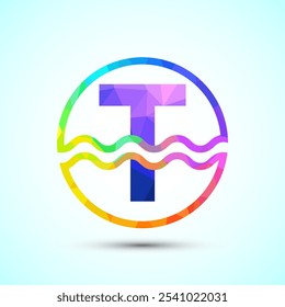English alphabet T in a circle with water waves. Water wave logo design low poly style