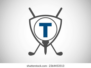 English alphabet T with golf ball, golf stick and shield sign. Modern logo design for golf clubs.