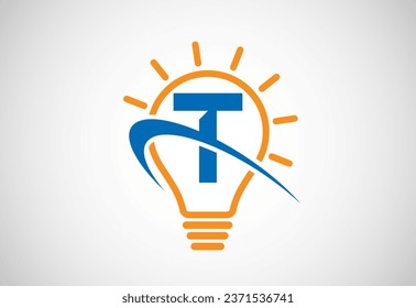 English alphabet T with light bulb and swoosh. Electric bulb logo vector template. Electricity logo