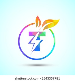 English alphabet T with thunderbolt and leaf. Eco energy saver icon, Nature power electric logo