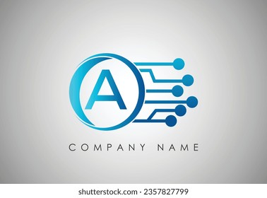 English alphabet A with technology logo design vector template.