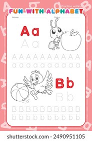 English alphabet tracing practice worksheets, educational letters a-b dot tracing pattern with line drawings coloring cartoons for children in kindergarten. ant and apple, bird playing ball.