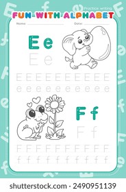 English alphabet tracing practice worksheets, educational letters e-f dot tracing pattern with line drawings coloring cartoons for children in kindergarten. Elephant carries egg, Frog love flower.