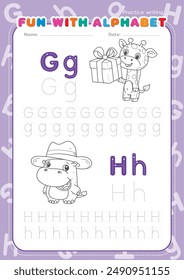 English alphabet tracing practice worksheets, educational letters g-h dot tracing pattern with line drawings coloring cartoons for children in kindergarten. Giraffe holds gift box, Hippo wears hat.