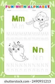 English alphabet tracing practice worksheets, educational letters m-n dot tracing pattern with line drawings coloring cartoons for children in kindergarten. Monkey and mango, Narwhal singing notes.