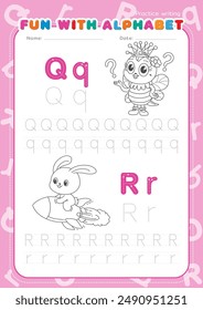 English alphabet tracing practice worksheets, educational letters q-r dot tracing pattern with line drawings coloring cartoons for children in kindergarten. Queen bee ask question, Rabbit rides rocket