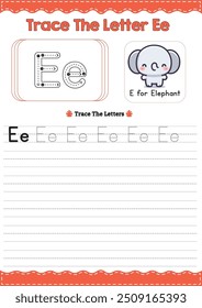 English Alphabet Tracing Worksheet with Animal Illustrations - Letter Ee