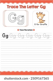 Englisch Alphabet Tracing Worksheet with Animal Illustrations - Letter Gg