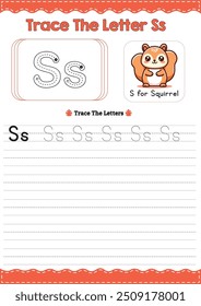 English Alphabet Tracing Worksheet with Animal Illustrations - Letter Ss