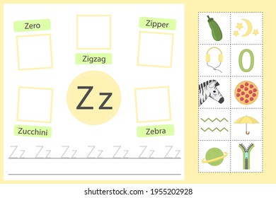 English alphabet tracing worksheet for preschool and kindergarten. Writing practice letter Z. Exercises with cards for kids. Vector illustration svg