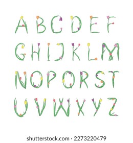 English alphabet from tulip flowers, floral font for spring Mother's Day design