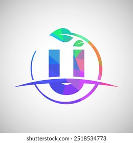 Alfabeto inglês U com folha circular e sopro. Conceito de logotipo ecológico. Logotipo poli baixo para negócios ecológicos e identidade da empresa