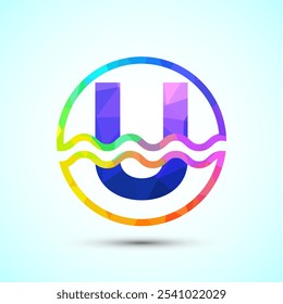 English alphabet U in a circle with water waves. Water wave logo design low poly style