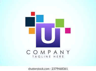 English alphabet U with data pixel. Creative technological modern data pixel logo