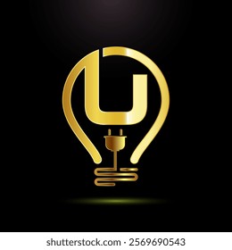 English alphabet U with an electric bulb and plug. Electricity logo design template gold color style