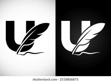 English alphabet U with feather logo design template. Logo for a writer or publishers.