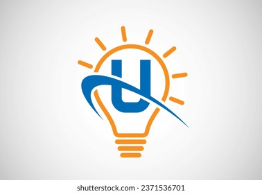 English alphabet U with light bulb and swoosh. Electric bulb logo vector template. Electricity logo