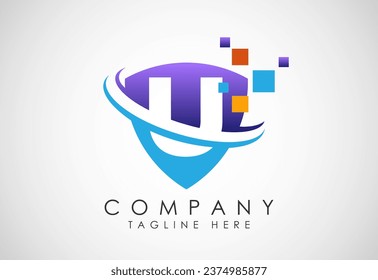 English alphabet U with shield, swoosh and data pixel. Creative technological modern logo design