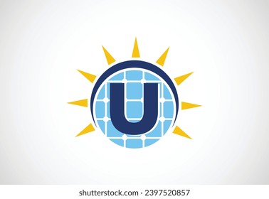 English alphabet U with solar panel and sun sign. Sun solar energy logo vector illustration