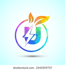 English alphabet U with thunderbolt and leaf. Eco energy saver icon, Nature power electric logo