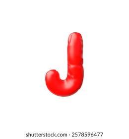 English alphabet uppercase letter J from red inflated balloon 3D icon. Vector render typing symbol air figure. Realistic volume font sign puffy shape. Stylized typographic object, kid education