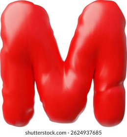 Letra inglesa maiúscula M do ícone de vetor 3D de balão inflado vermelho. Sinal de fonte latina realista. Símbolo de digitação de constante figura de ar inchado. Objeto tipográfico estilizado por volume. Educação infantil