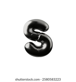 English alphabet uppercase letter S from black balloon 3D icon. Vector render metallic typing symbol air figure. Realistic volume grey font sign puffy shape. Stylized typographic object. Kid education