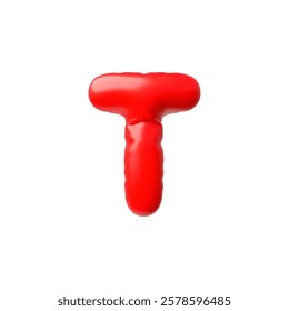 English alphabet uppercase letter T from red inflated balloon 3D icon. Vector render typing symbol air figure. Stylized typographic object. Realistic volume font sign puffy shape, kid education