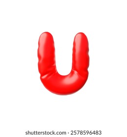 English alphabet uppercase letter U from red inflated balloon 3D icon. Vector render typing symbol air figure. Realistic volume Latin font sign puffy shape. Stylized typographic object, kid education