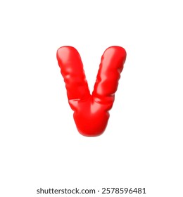 English alphabet uppercase letter V from red inflated balloon 3D vector icon. Realistic volume Latin font sign puffy shape. Render typing symbol air figure. Stylized typographic object, kid education