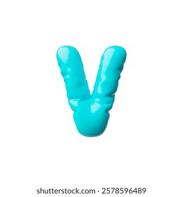 English alphabet uppercase letter V from blue inflated balloon 3D vector icon. Render typing symbol air figure. Realistic volume Latin font sign puffy shape. Stylized typographic object. Kid education