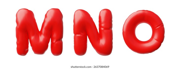 English alphabet uppercase letters M N O from red inflated balloon 3D vector icon. Render typing symbols air figure. Realistic volume font signs puffy shape. Stylized typographic object. Kid education