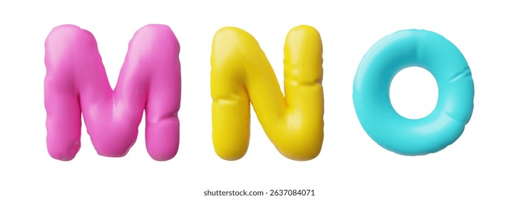 English alphabet uppercase letters M N O from different colors inflated balloon 3D vector icon. Typing symbols air figure. Realistic volume puffy font signs. Stylized typographic object. Kid education