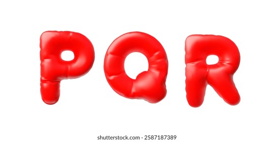 English alphabet uppercase letters P Q R from red inflated balloon 3D vector icon. Render typing symbols air figure. Realistic volume font signs puffy shape. Stylized typographic object. Kid education