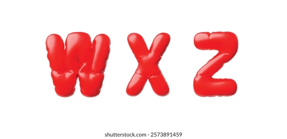 English alphabet uppercase letters W X Z from red inflated balloon 3D vector icon. Render typing symbols air figure. Realistic volume font signs puffy shape. Stylized typographic object. Kid education