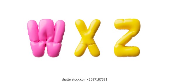 English alphabet uppercase letters W X Z from pink and yellow air inflated balloon 3D icon. Vector render typing symbol. Realistic volume puffy font sign. Stylized typographic object, kid education