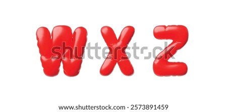 English alphabet uppercase letters W X Z from red inflated balloon 3D vector icon. Render typing symbols air figure. Realistic volume font signs puffy shape. Stylized typographic object. Kid education