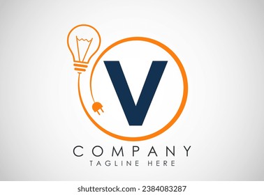 English alphabet V in a circle with electric bulb and plug. Electricity, industrial and technology logo