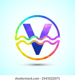 English alphabet V in a circle with water waves. Water wave logo design low poly style