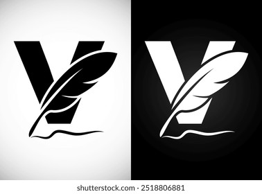 English alphabet V with feather logo design template. Logo for a writer or publishers.