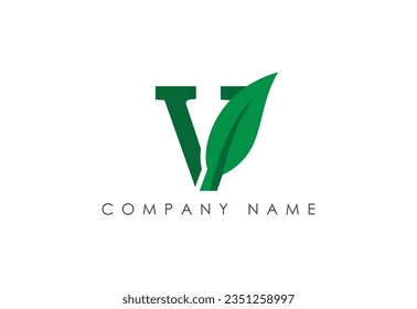 English alphabet V with leaf logo design vector template.
