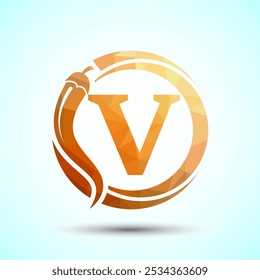 English Alphabet V With Red Chilli Logo Design. Low Poly Graphic Alphabet Symbol For Corporate Business