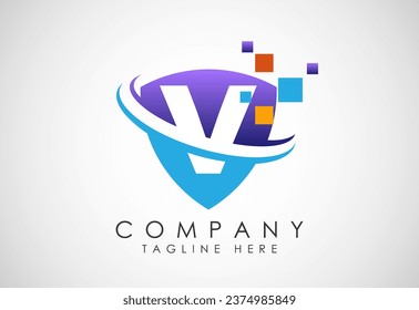 English alphabet V with shield, swoosh and data pixel. Creative technological modern logo design